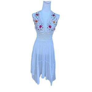 White Mexican Style Floral Embroidered Halter Dress Handkerchief Hem Size M